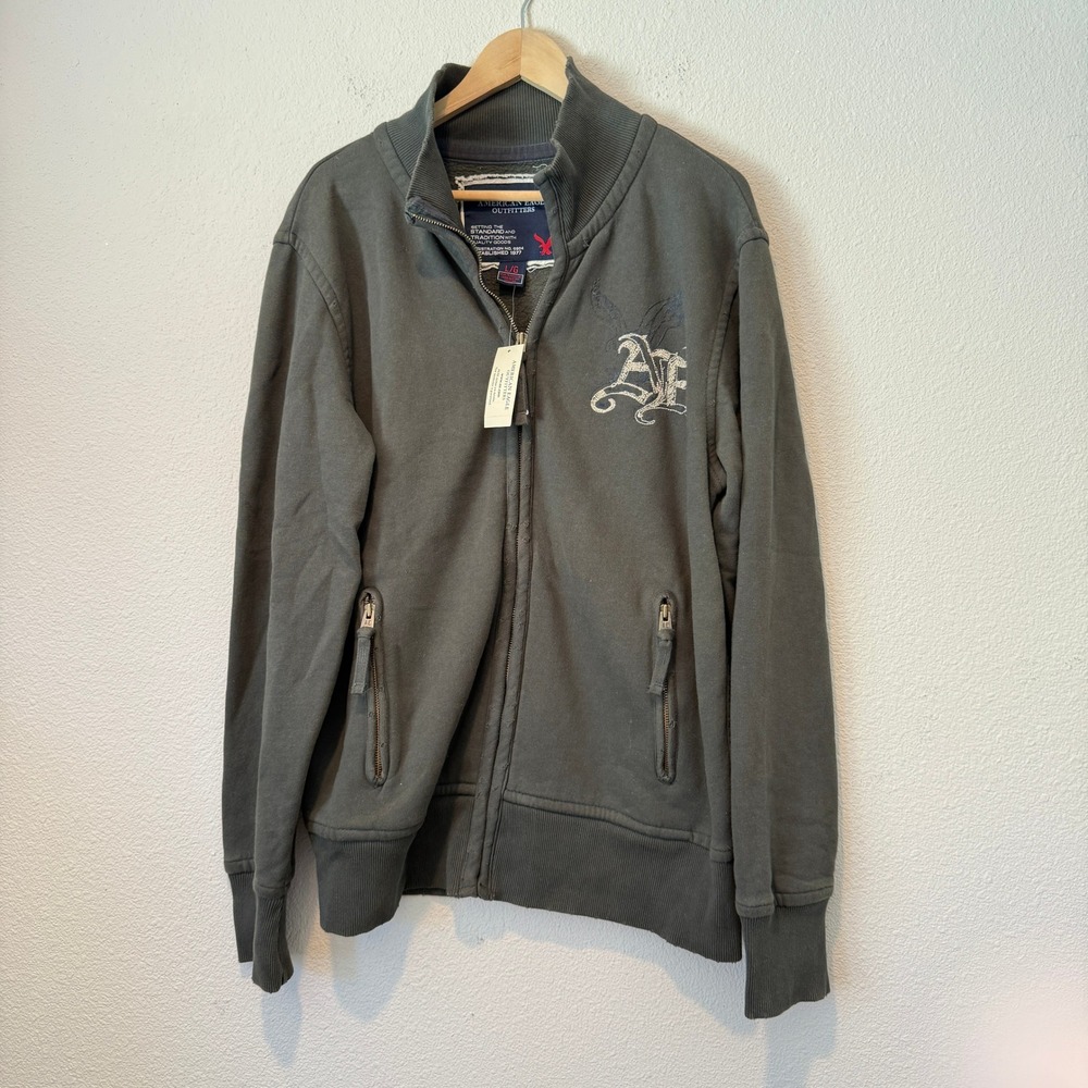 American Eagle Mens Full Zip Sweatshirt Olive Green Mock Neck Logo Large NWT